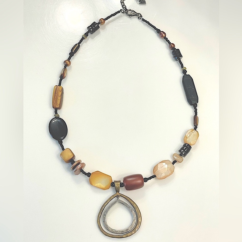 Silpada .925 Sterling Beaded Necklace,  Hammered Brass & Silver Teardrop Pendant